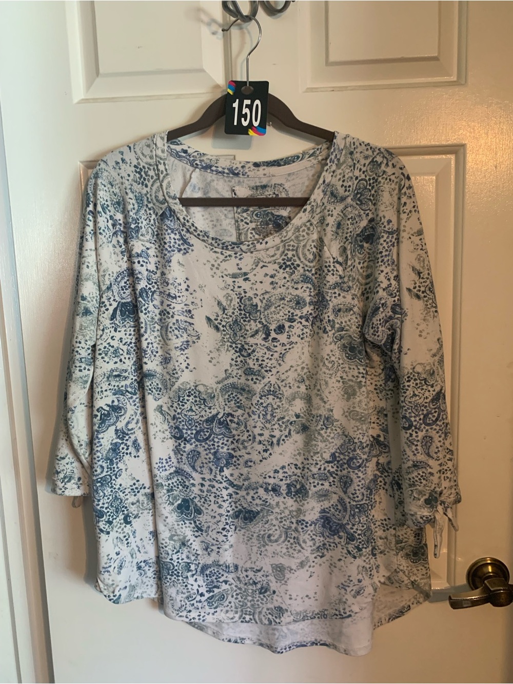 Sonoma White and Blue Paisley Scoop Neck Long Sleeve Top